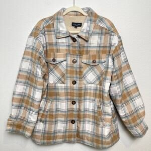Love Tree Sherpa Lined Flannel Plaid Jacket XL Tan Blue Button Up Shacket